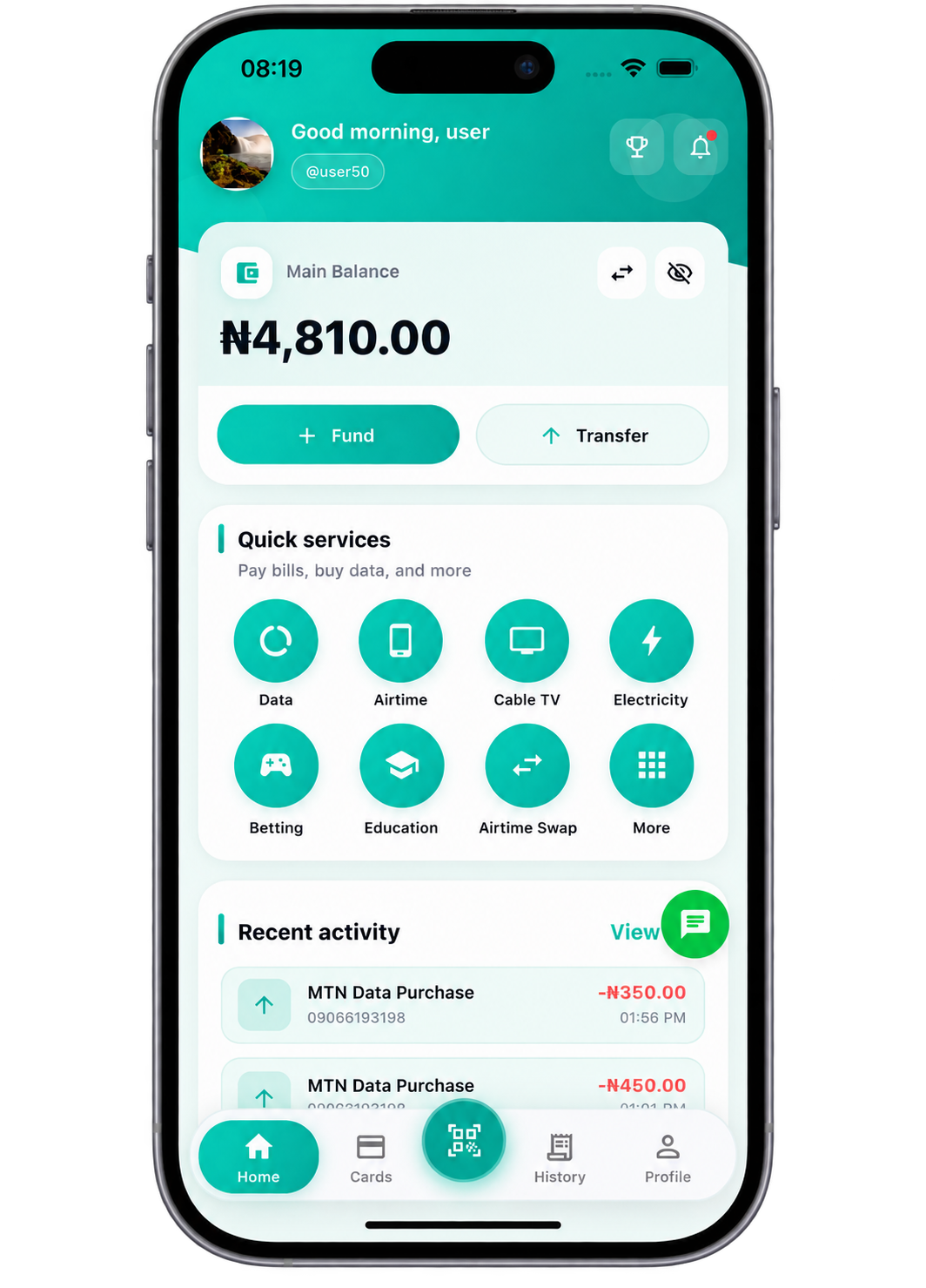 VTU Axis mobile app dashboard